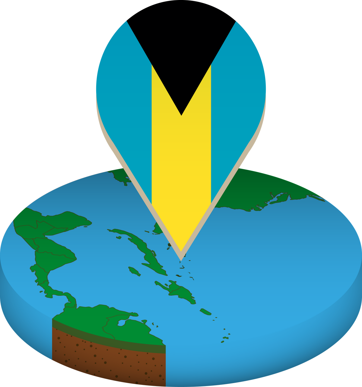 Isometric round map of The Bahamas with flag.